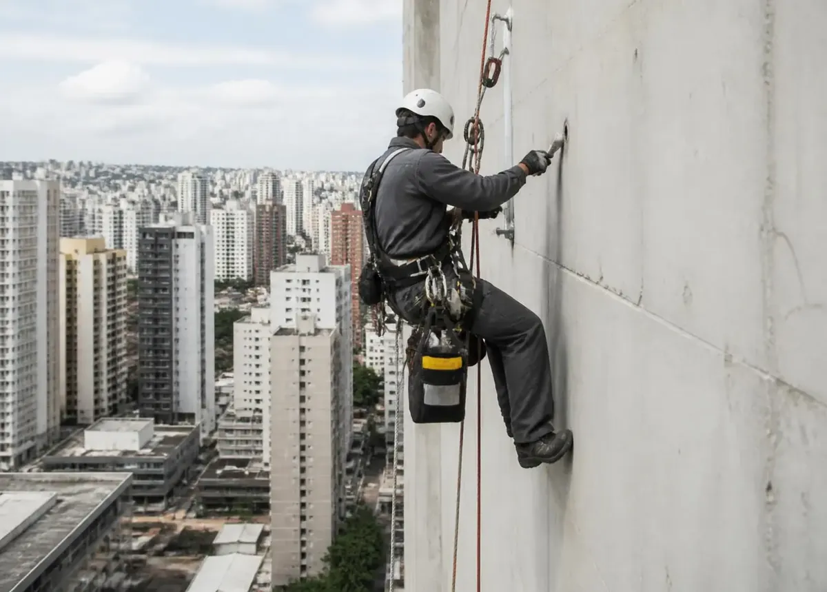 Trabalho em altura conectado a sistema de proteção contra queda